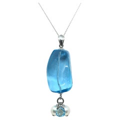 Blue Topaz with Pearl and Blue Topaz Pendant set in 18 Karat White Gold Settings