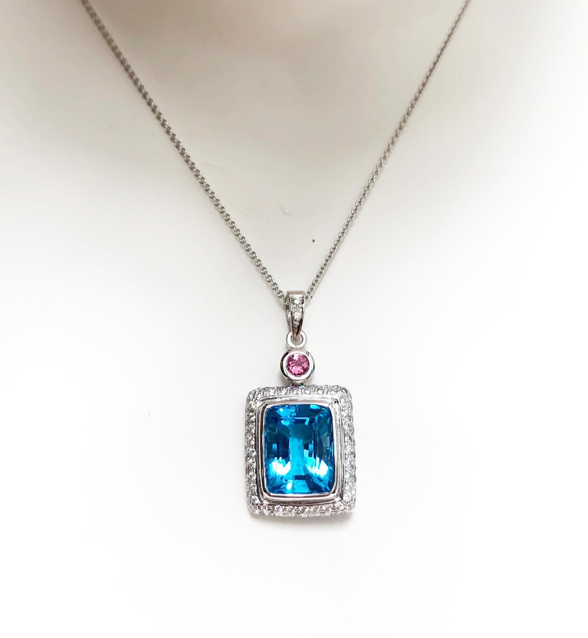 Blue Topaz 14.57 carats with Pink Tourmaline 0.15 carat and Diamond 0.60 carat Pendant set in 18 Karat White Gold Settings
(chain not included)

Width:  1.7 cm 
Length: 3.6 cm
Total Weight: 7.95 grams

