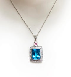 Blue Topaz with Pink Tourmaline and Diamond Pendant Set in 18 Karat White Gold