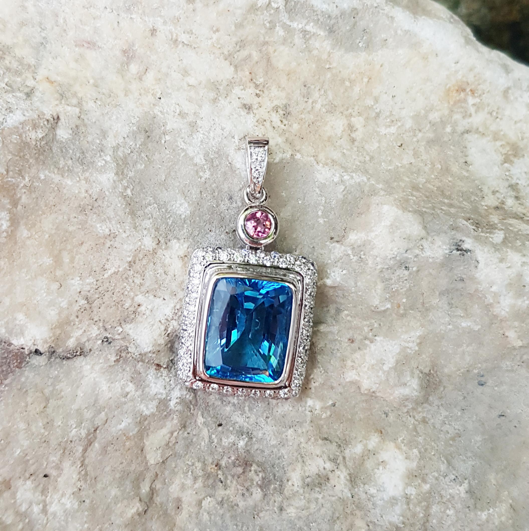 Mixed Cut Blue Topaz with Pink Tourmaline and Diamond Pendant Set in 18 Karat White Gold For Sale