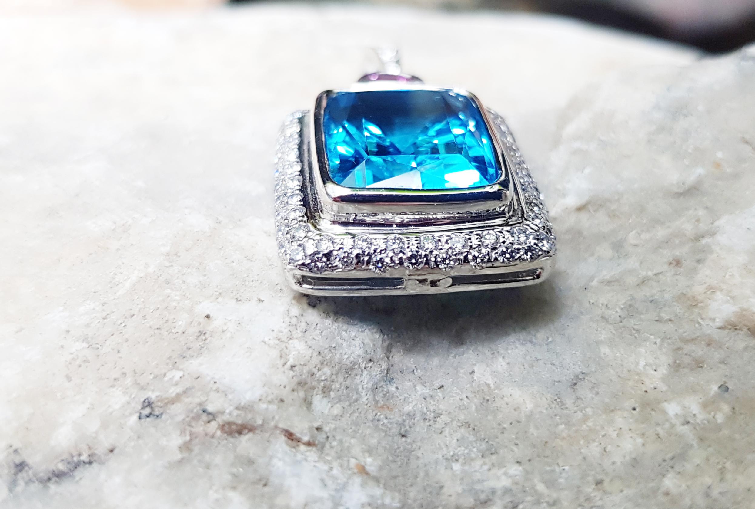 Blue Topaz with Pink Tourmaline and Diamond Pendant Set in 18 Karat White Gold In New Condition For Sale In Bangkok, TH