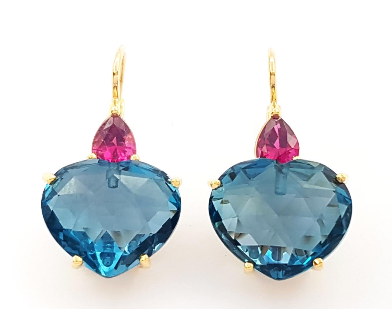 Blue Topaz 23.04 carats with Rubelite 1.07 carats Earrings set in 18K Gold Settings

Width: 1.6 cm 
Length: 2.7 cm
Total Weight: 10.70 grams

