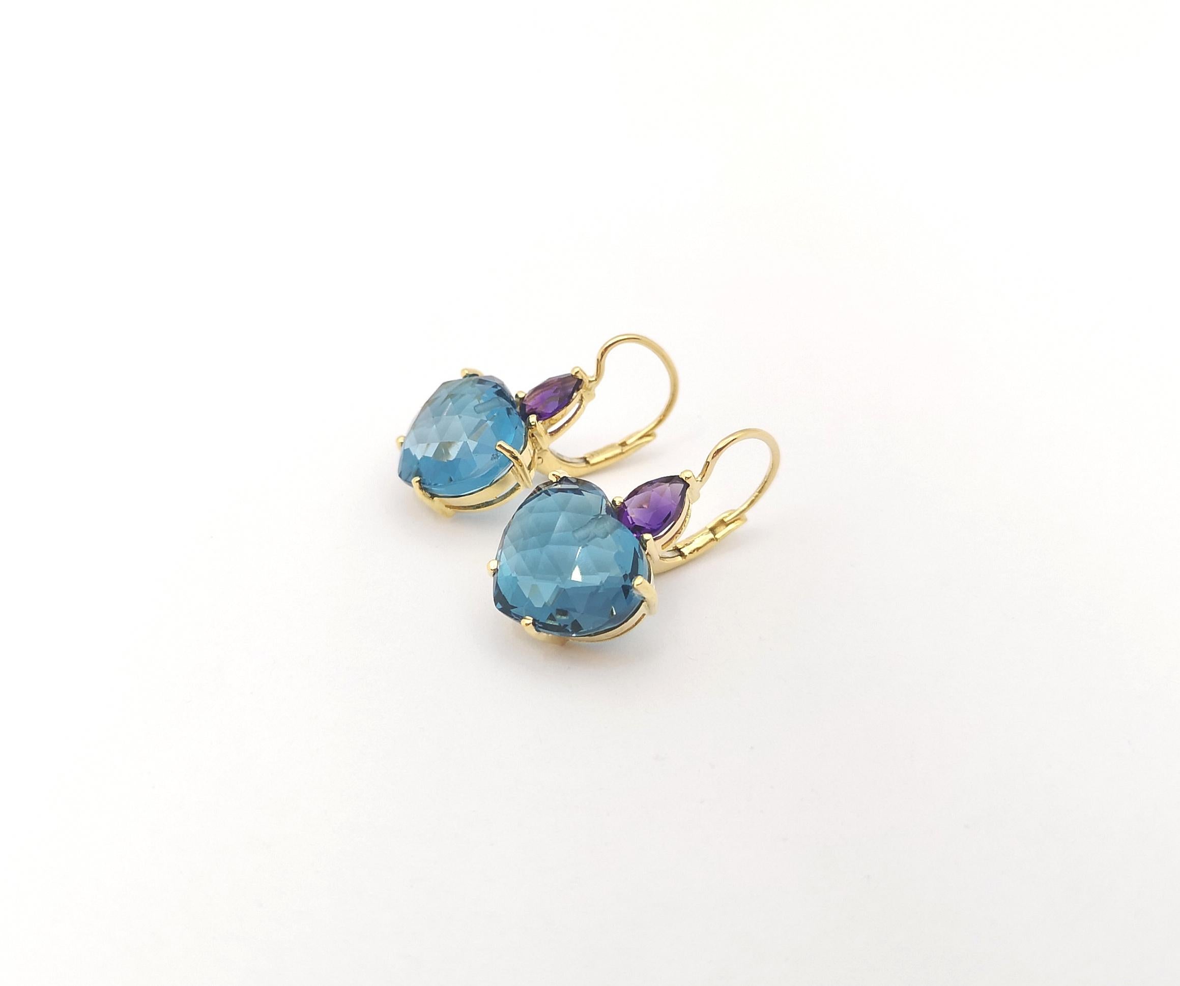 Women's Blue Topaz with Rubelite Earrings set in 18K Gold Settings  For Sale