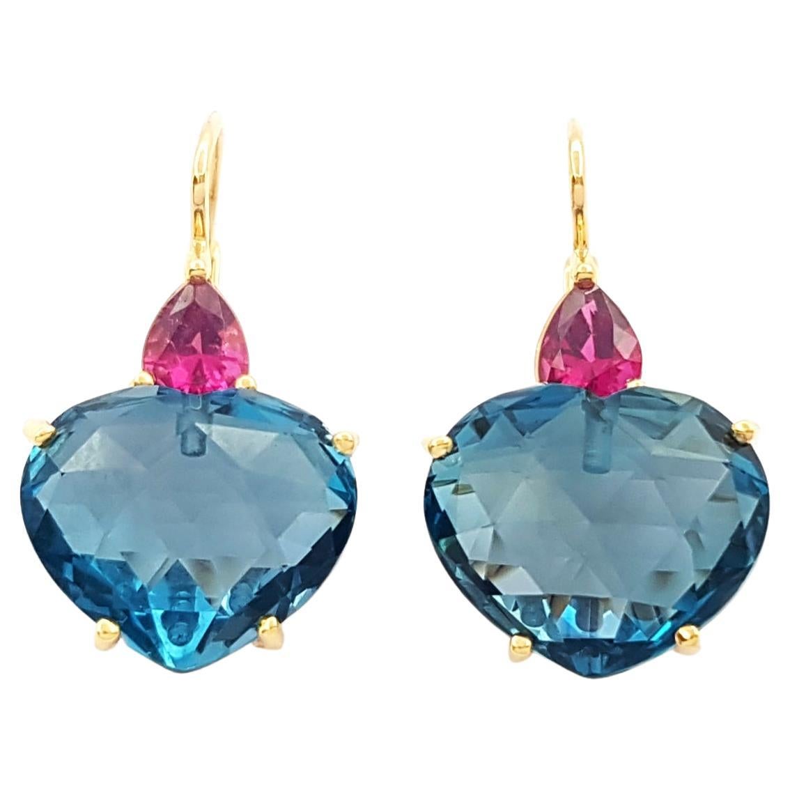 Blue Topaz with Rubelite Earrings set in 18K Gold Settings 