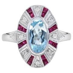 Blue Topaz with Ruby Diamond Halo Ring in 14k White Gold
