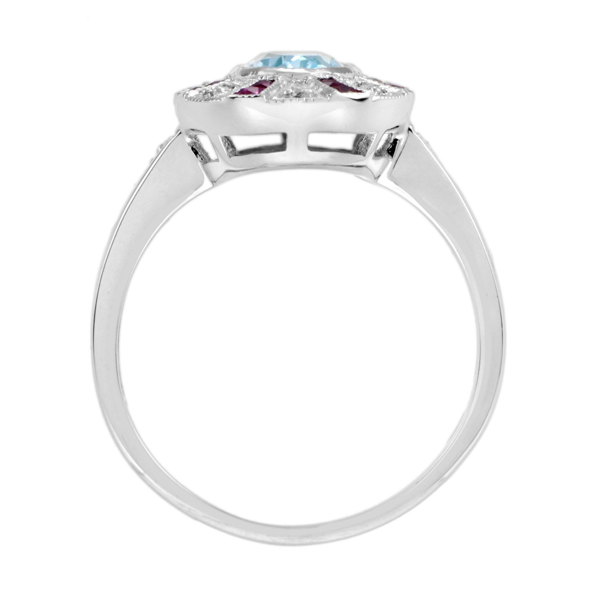 Women's Blue Topaz with Ruby Diamond Halo Ring in 14K White Gold For Sale