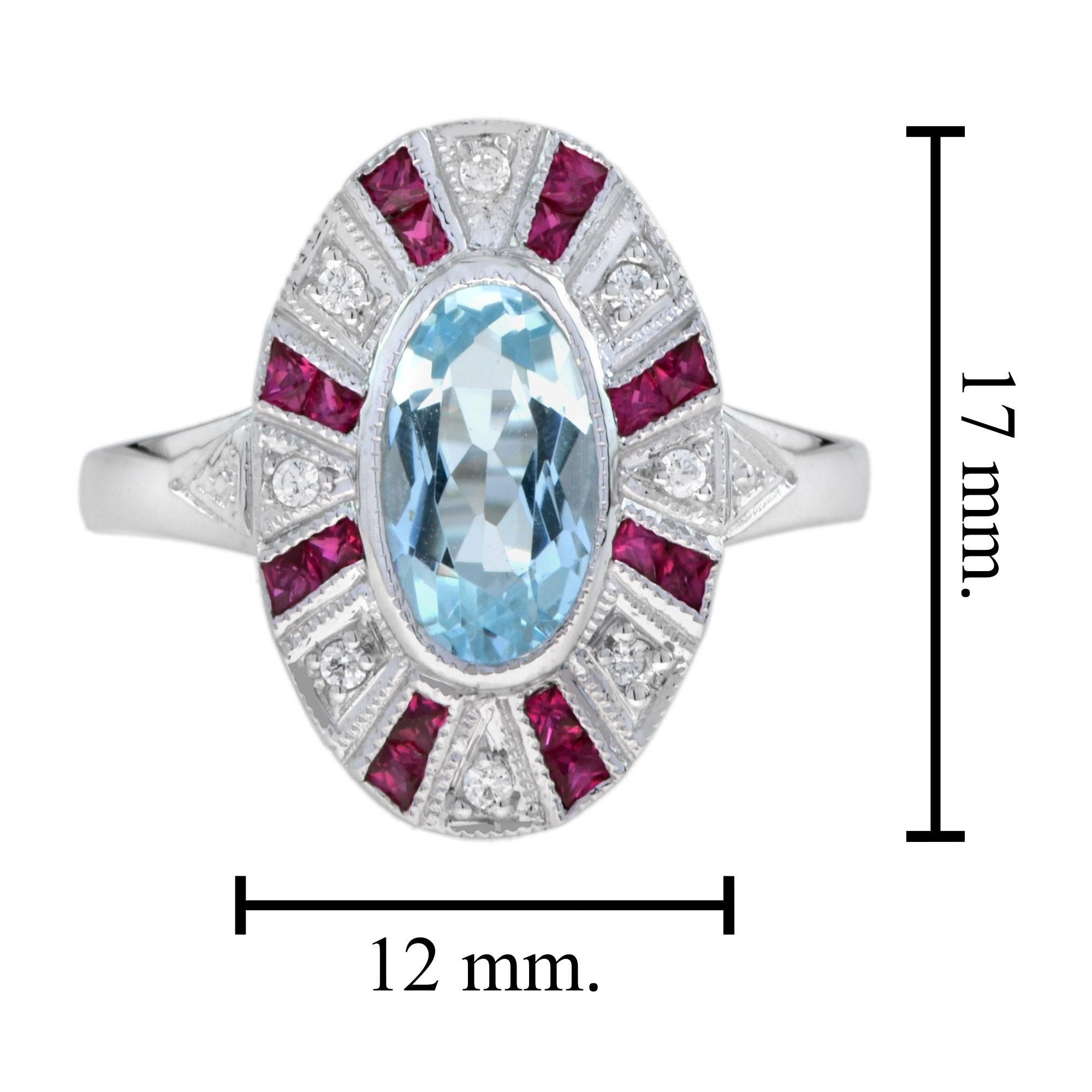 Blue Topaz with Ruby Diamond Halo Ring in 14K White Gold For Sale 1