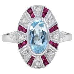 Blue Topaz with Ruby Diamond Halo Ring in 18K White Gold