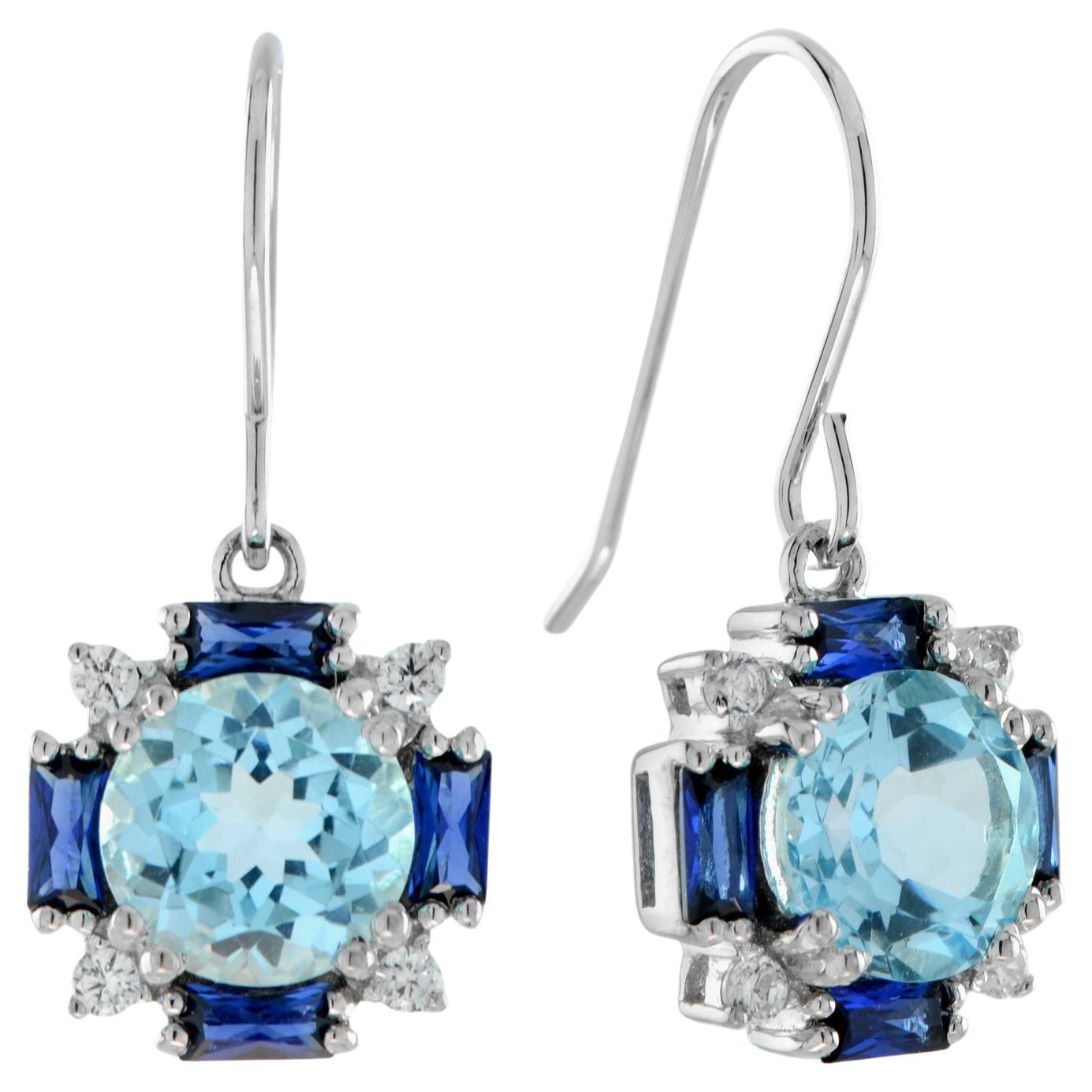 Blue Topaz with Sapphire and Diamond Vintage Style Dangle Earrings in 14K White 