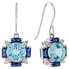 Blue Topaz with Sapphire and Diamond Vintage Style Dangle Earrings in 14K White 