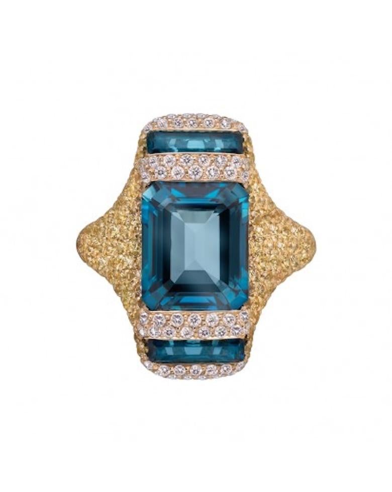 Ukrainian Blue Topaz Yellow Orange Sapphire 18 Karat Gold Diamond Drop Earrings In New Condition For Sale In Montreux, CH