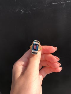 Ukrainian Blue Topaz Yellow Sapphire 18 Karat Gold Designer Diamond Ring