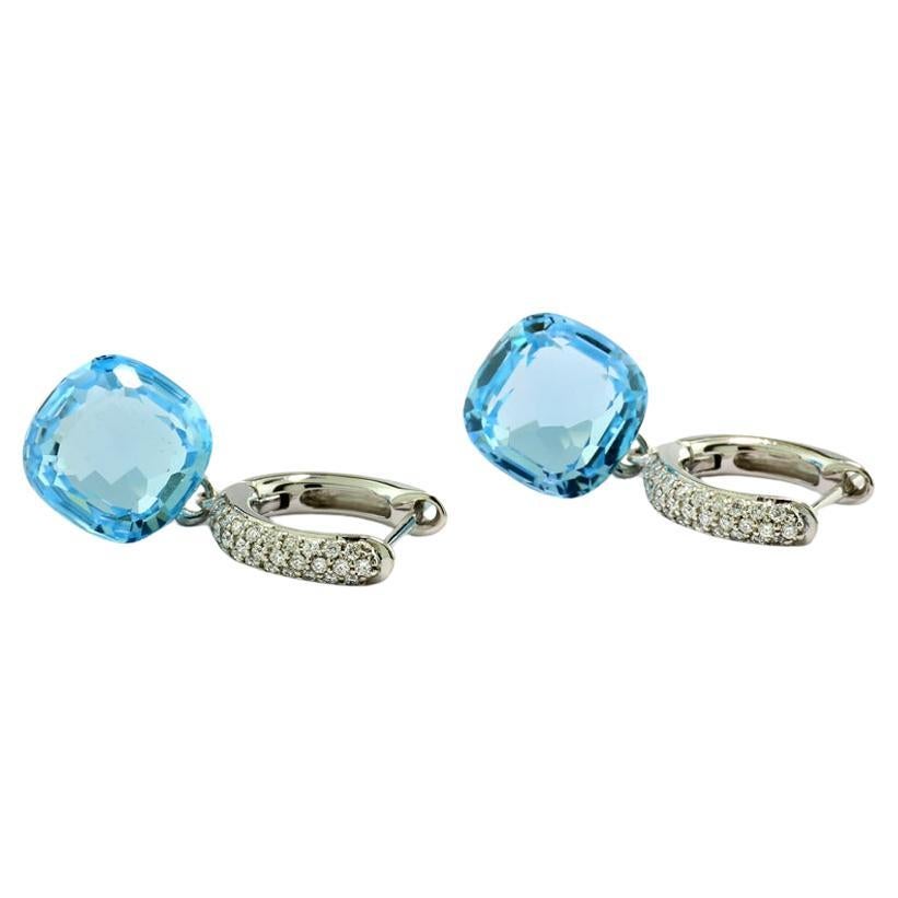 Blue Topaze Diamond Ear Dangles 11.81 carats 18Kt White Gold Intense Blue For Sale