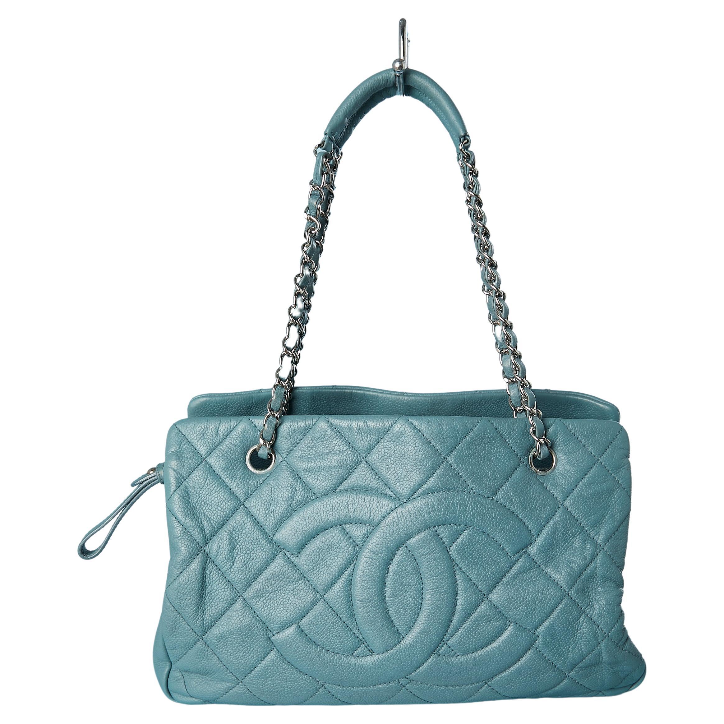 Blue topstitched leather bag with chains handles Chanel Numbered  For Sale