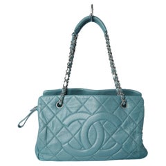 Blue topstitched leather bag with chains handles Chanel Numbered 