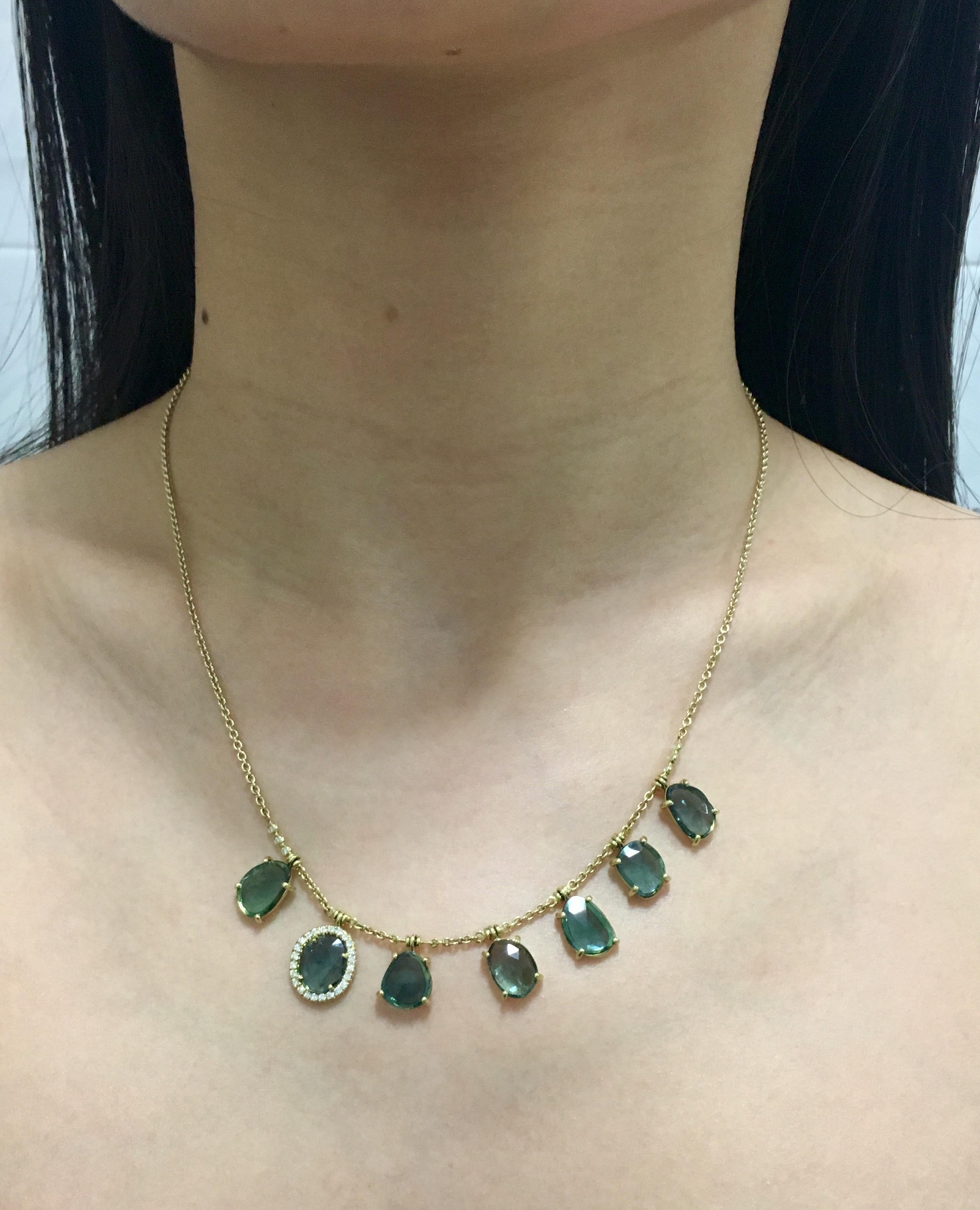 Blue Tourmaline and Diamond Yellow Gold Necklace In New Condition In Greenwich, CT