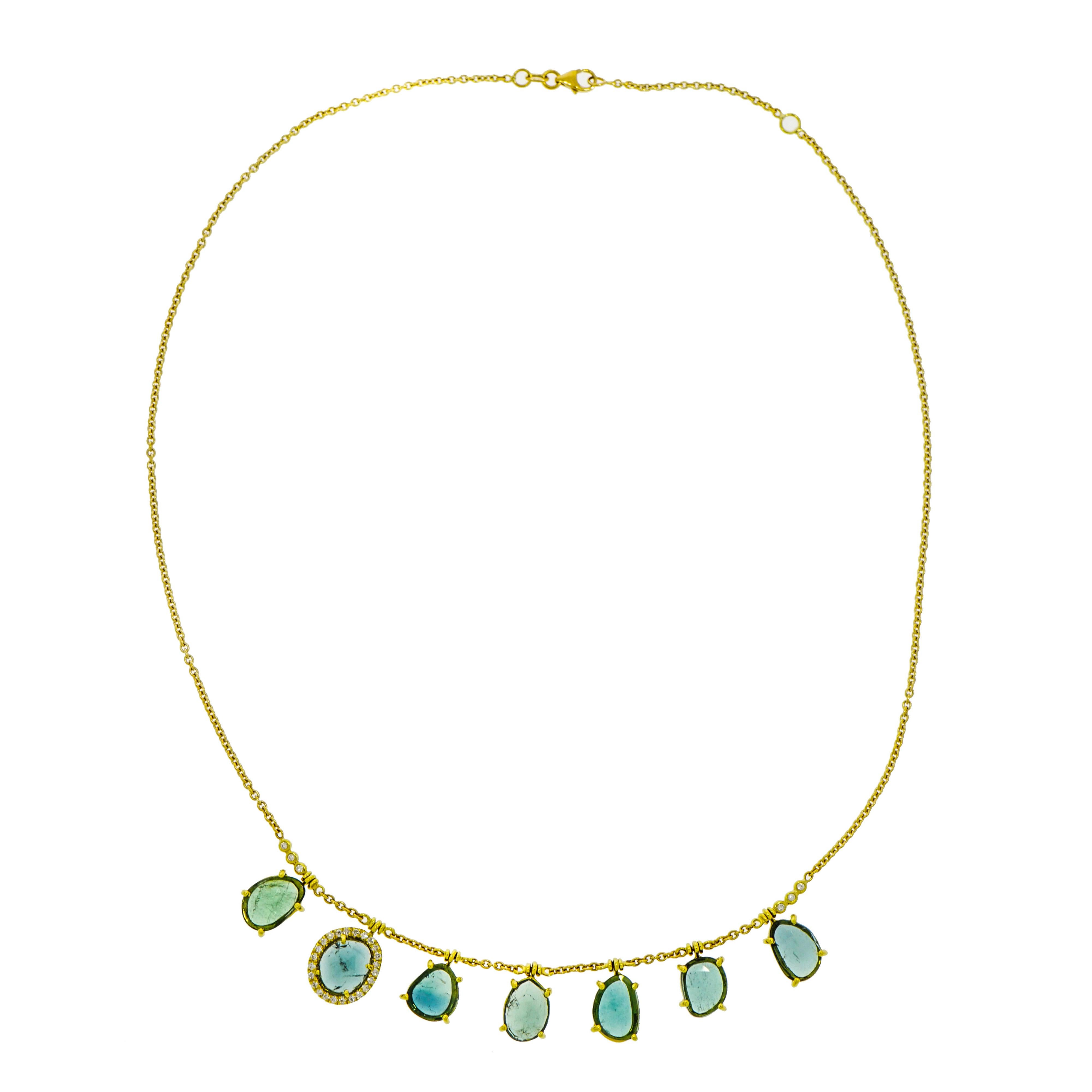 Blue Tourmaline and Diamond Yellow Gold Necklace