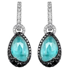 Blue Tourmaline Black Diamond Dangle Earring in 18K Rhodium Black and White Gold
