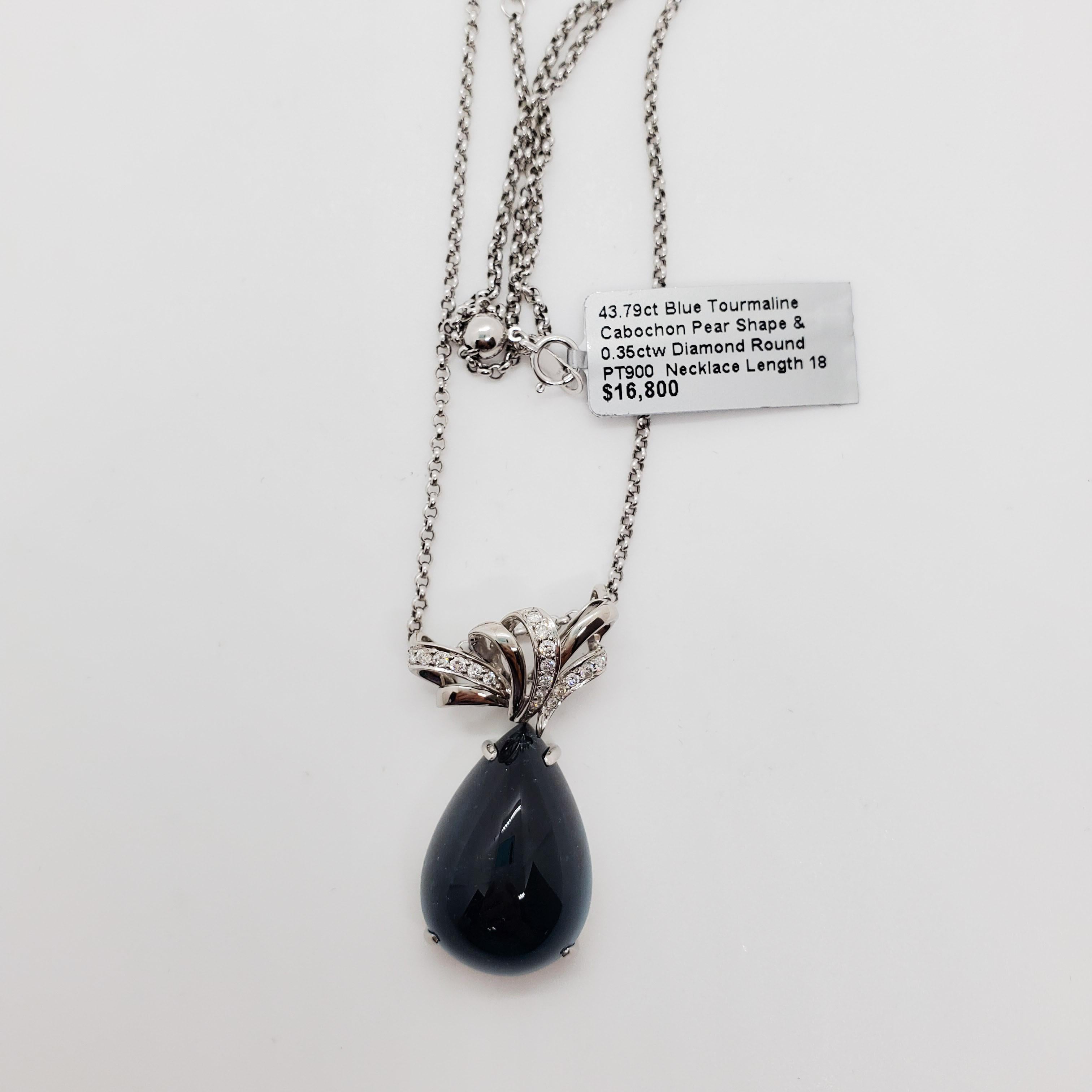 Blue Tourmaline Cabochon Pear Shape and White Diamond Necklace in Platinum In New Condition In Los Angeles, CA