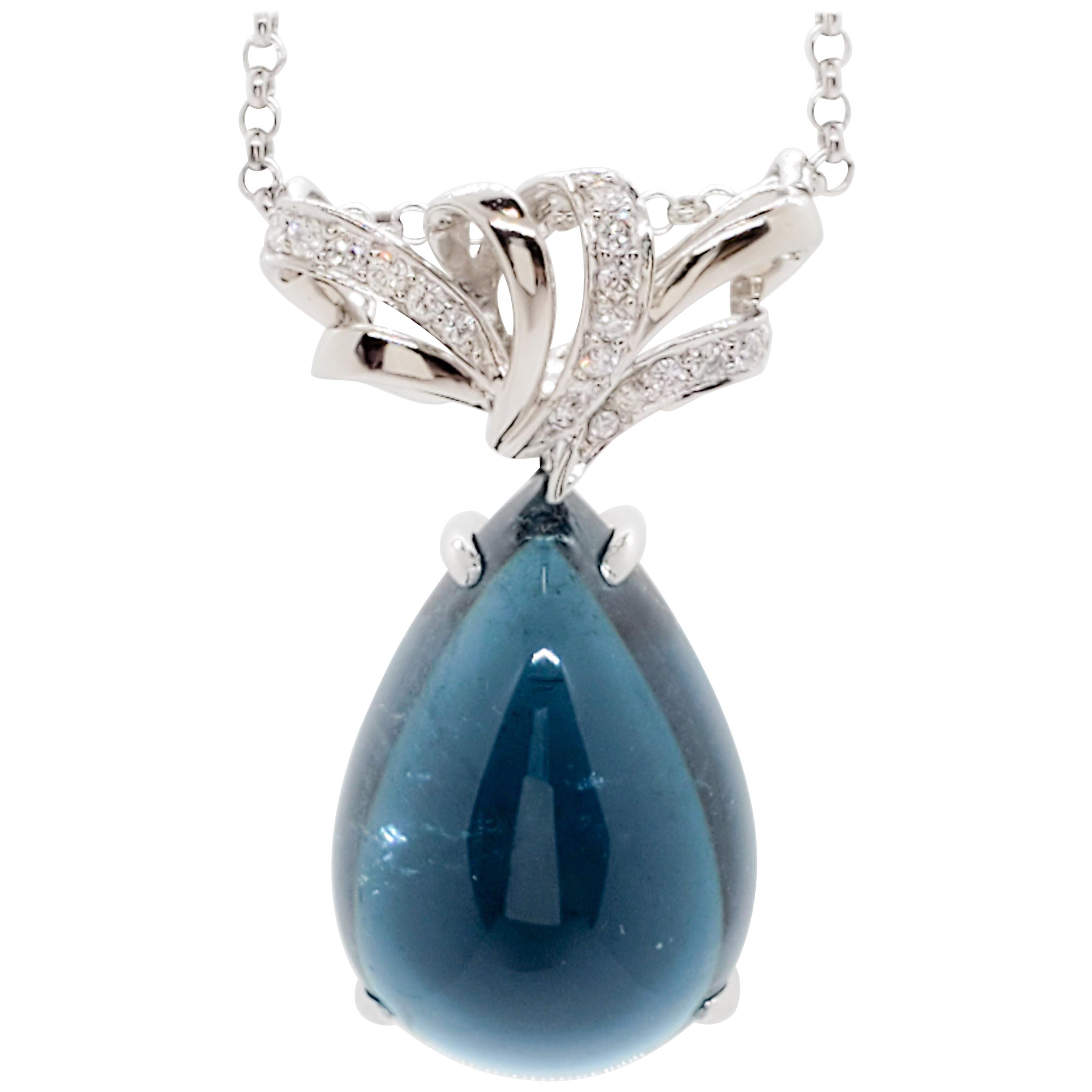 Blue Tourmaline Cabochon Pear Shape and White Diamond Necklace in Platinum