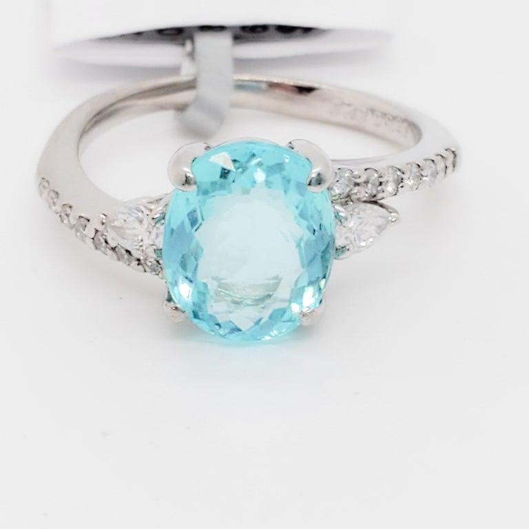 Blue Tourmaline Oval and White Diamond Engagement Ring in Platinum For