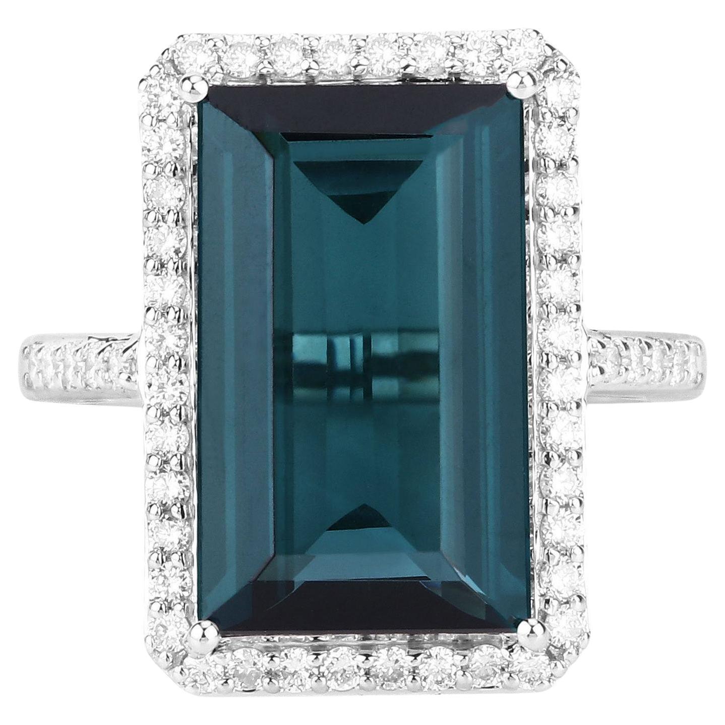 Blue Tourmaline Ring With Diamonds 7.98 Carats 14K White Gold For Sale