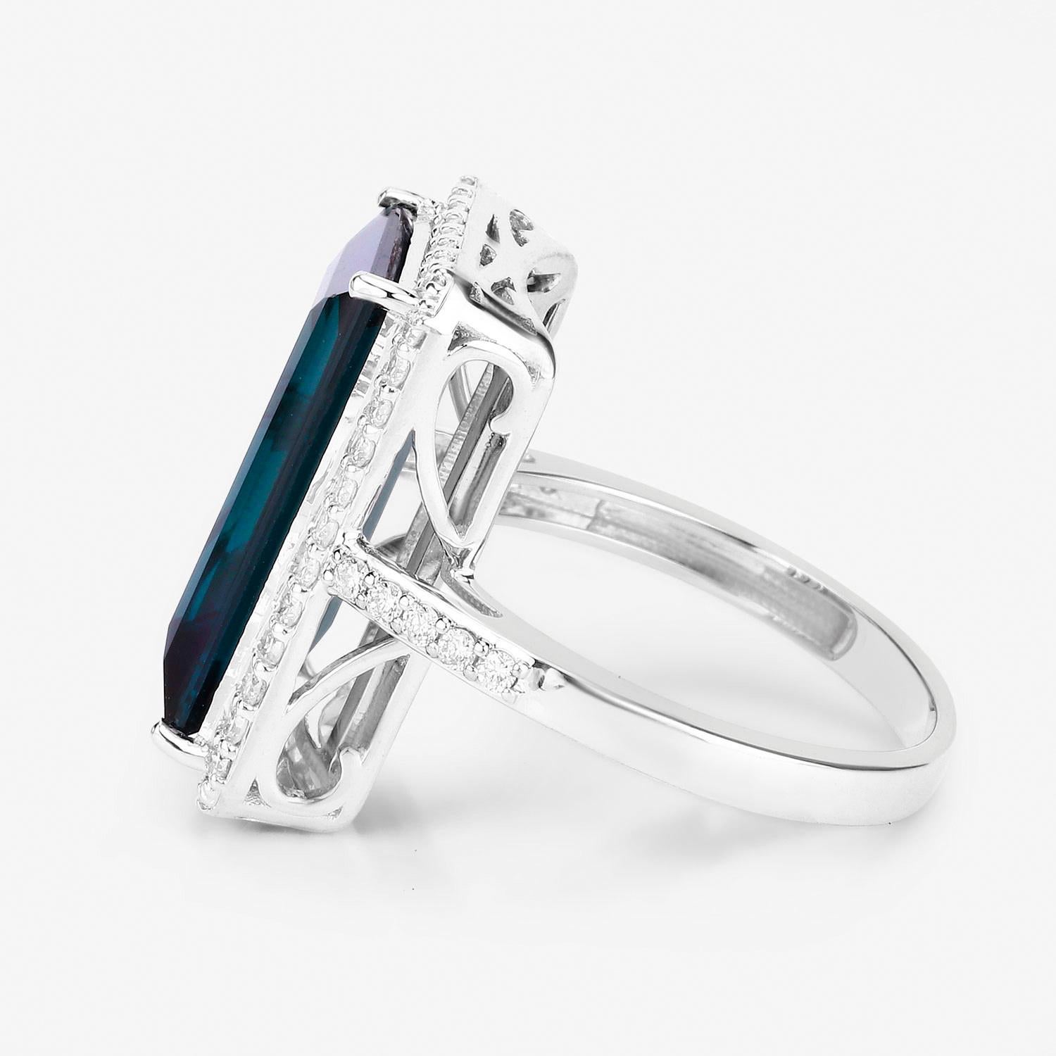 Contemporary Blue Tourmaline Ring With Diamonds 8 Carats Total 14K White Gold For Sale