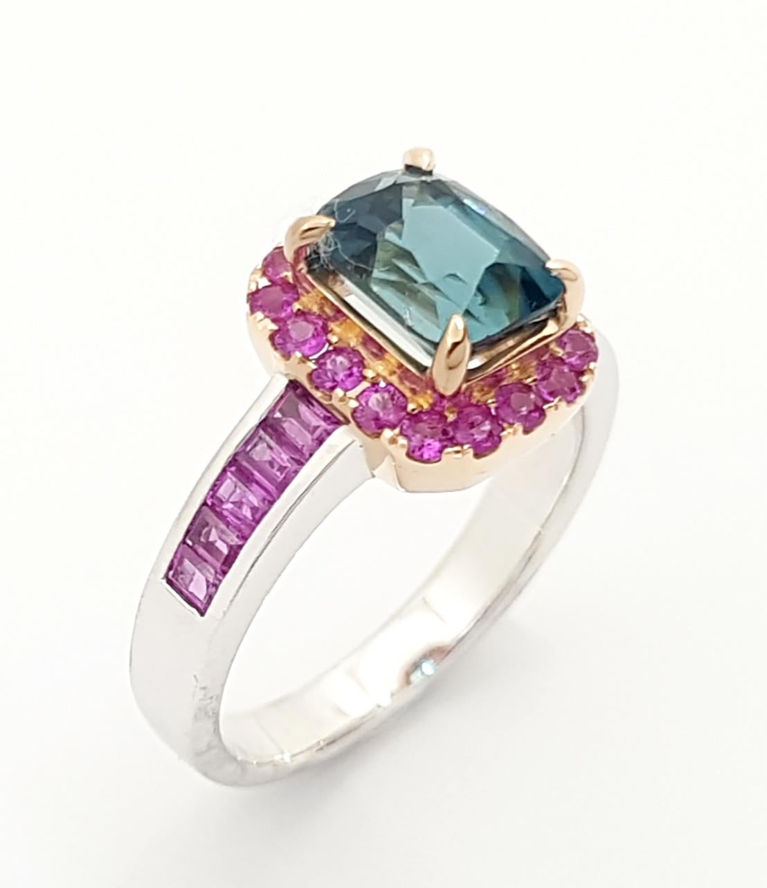 GIA Certified Blue Tourmaline with Pink Sapphire Ring18K White Gold Settings For Sale 4
