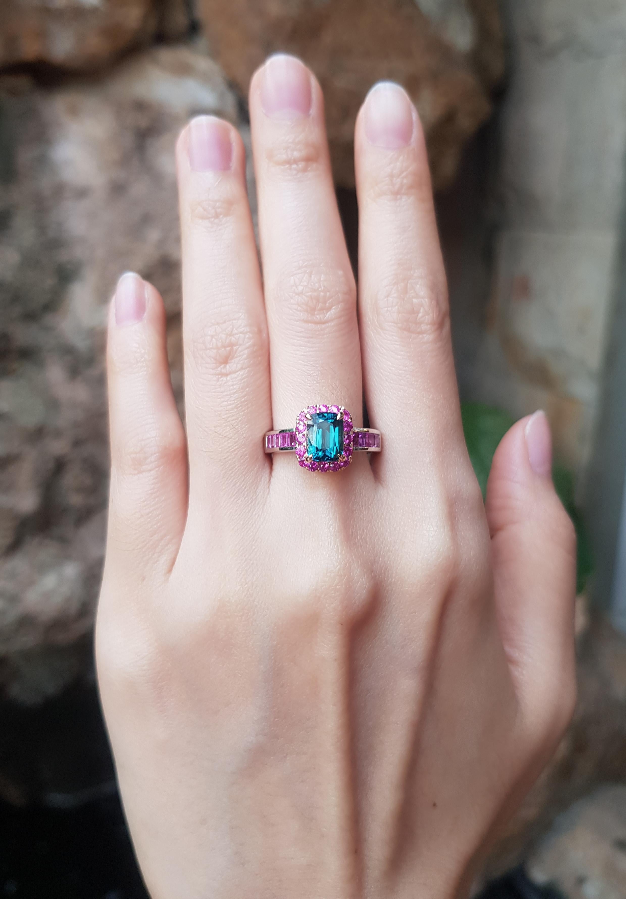 Mixed Cut GIA Certified Blue Tourmaline with Pink Sapphire Ring18K White Gold Settings For Sale