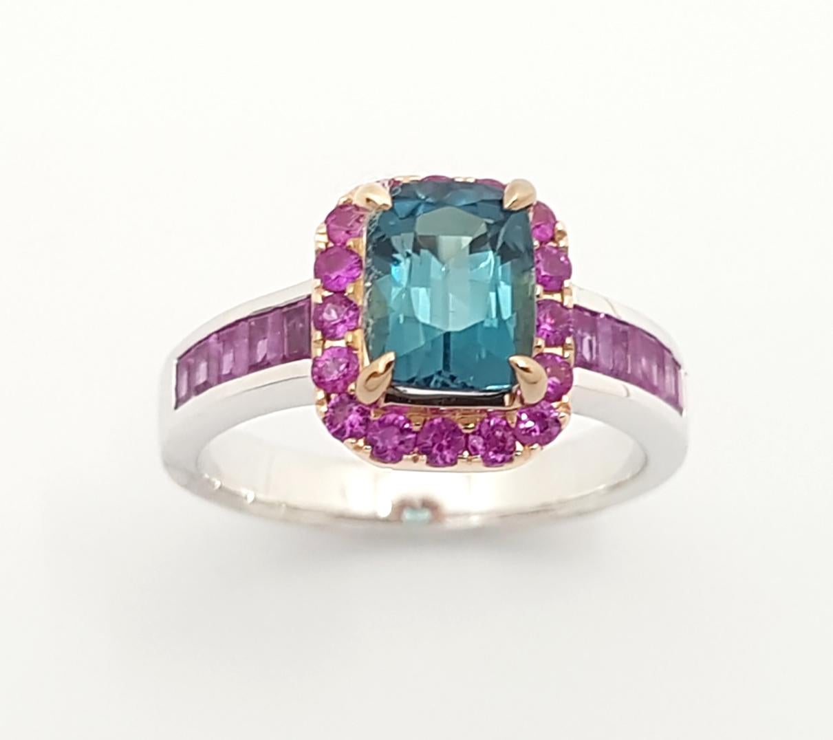Women's GIA Certified Blue Tourmaline with Pink Sapphire Ring18K White Gold Settings For Sale