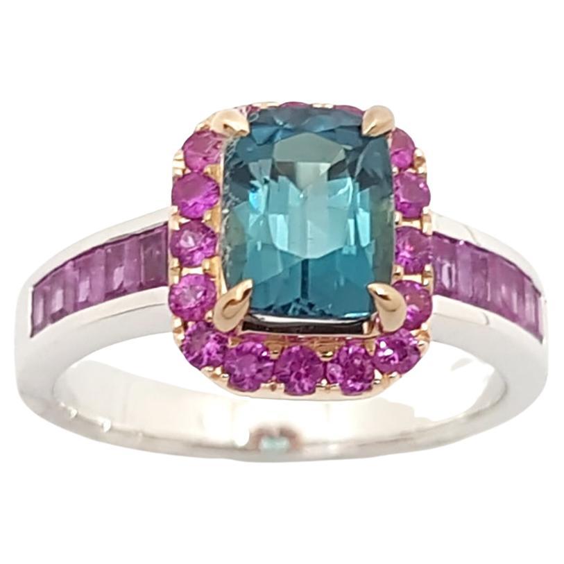 GIA Certified Blue Tourmaline with Pink Sapphire Ring18K White Gold Settings For Sale