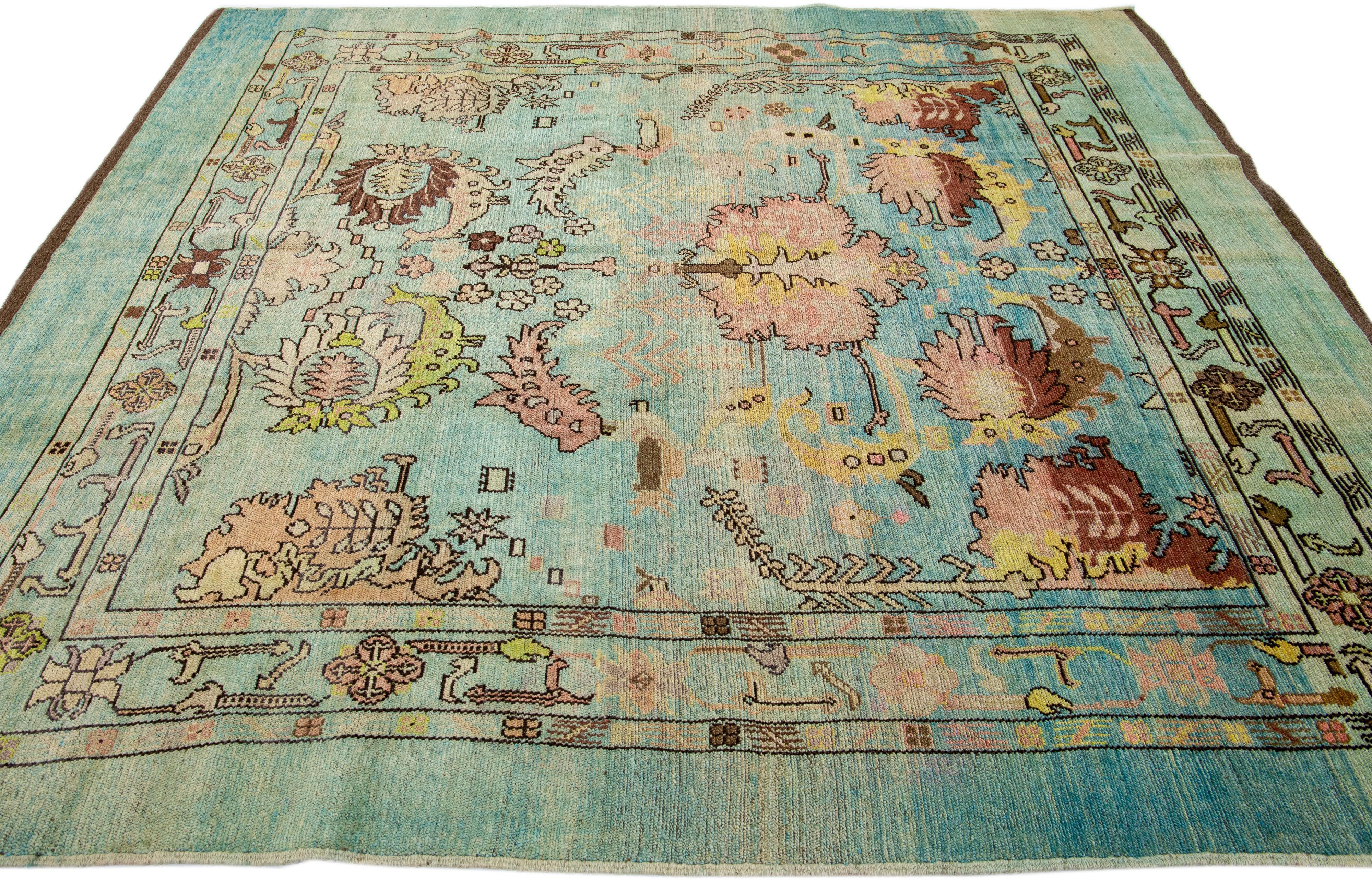 Hand-Knotted Blue Transitional Art Deco Style Handmade Floral Wool Rug by Apadana For Sale