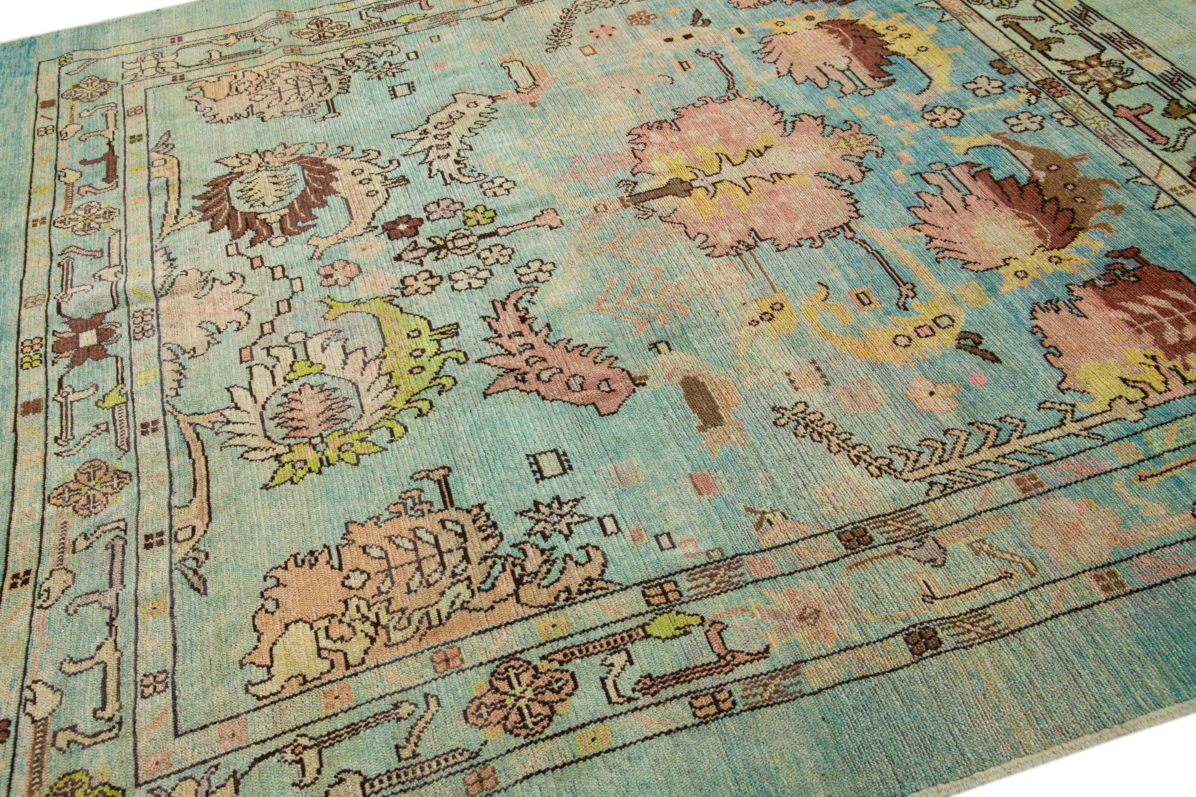 Blue Transitional Art Deco Style Handmade Floral Wool Rug by Apadana In New Condition For Sale In Norwalk, CT