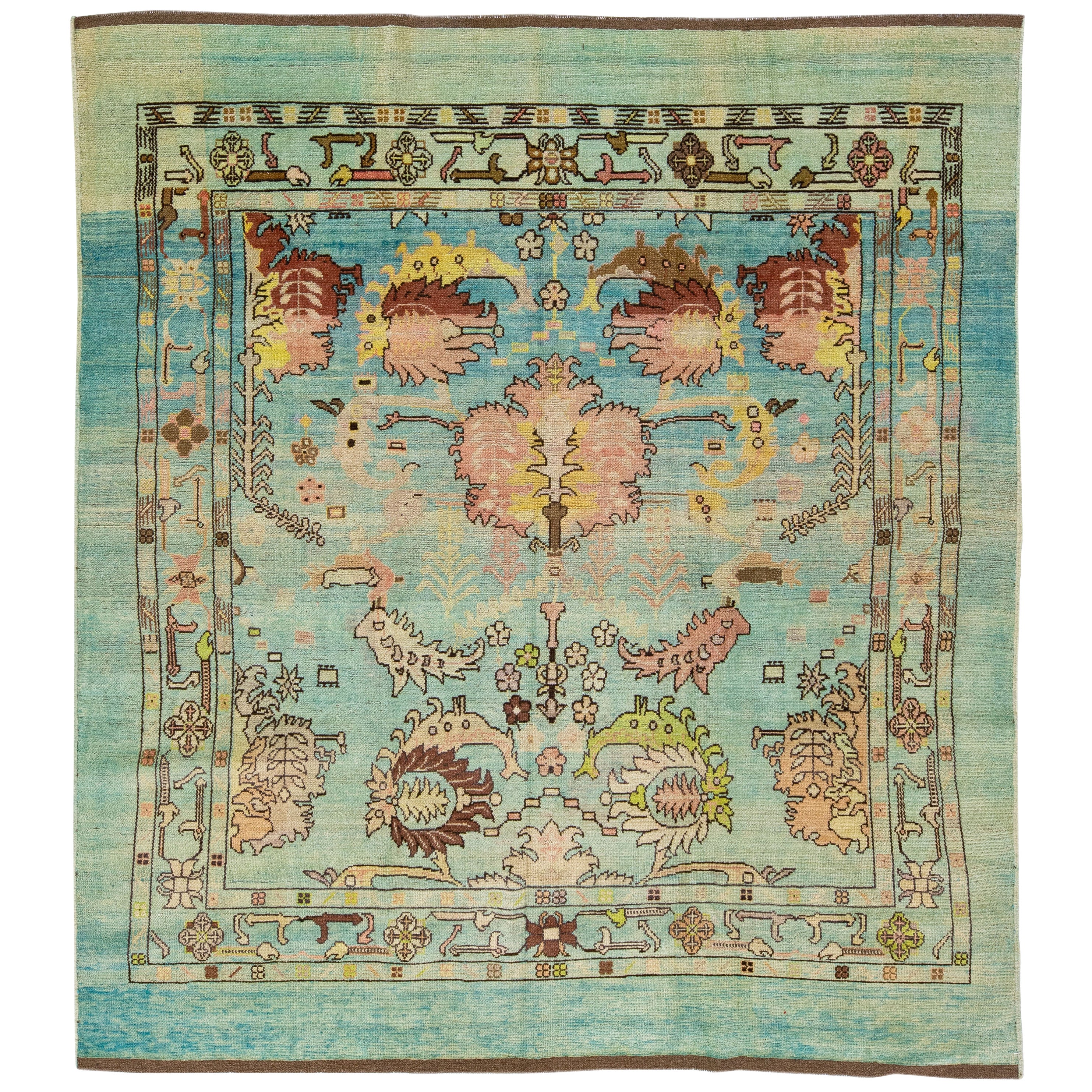 Blauer handgefertigter, geblümter Wollteppich im Art-déco-Stil im Übergangsstil von Apadana