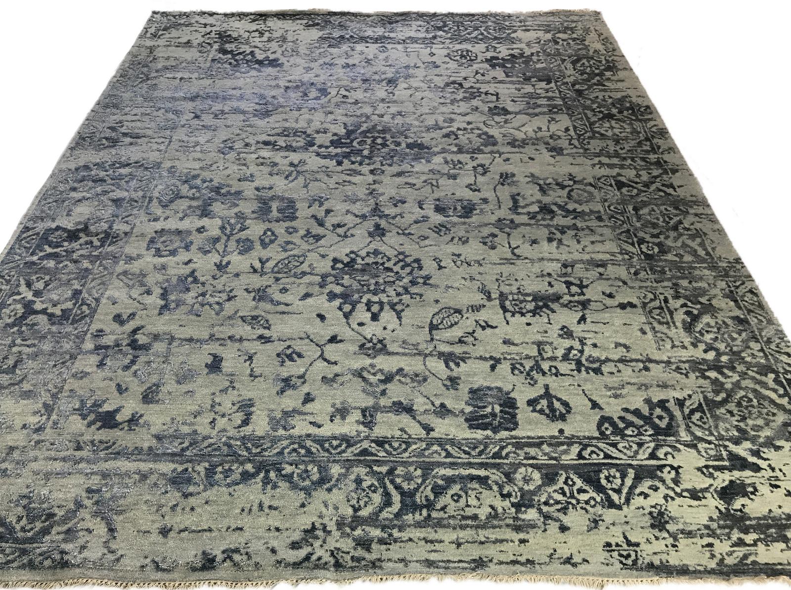Hand-Knotted Blue Transitional Indian Wool Rug For Sale