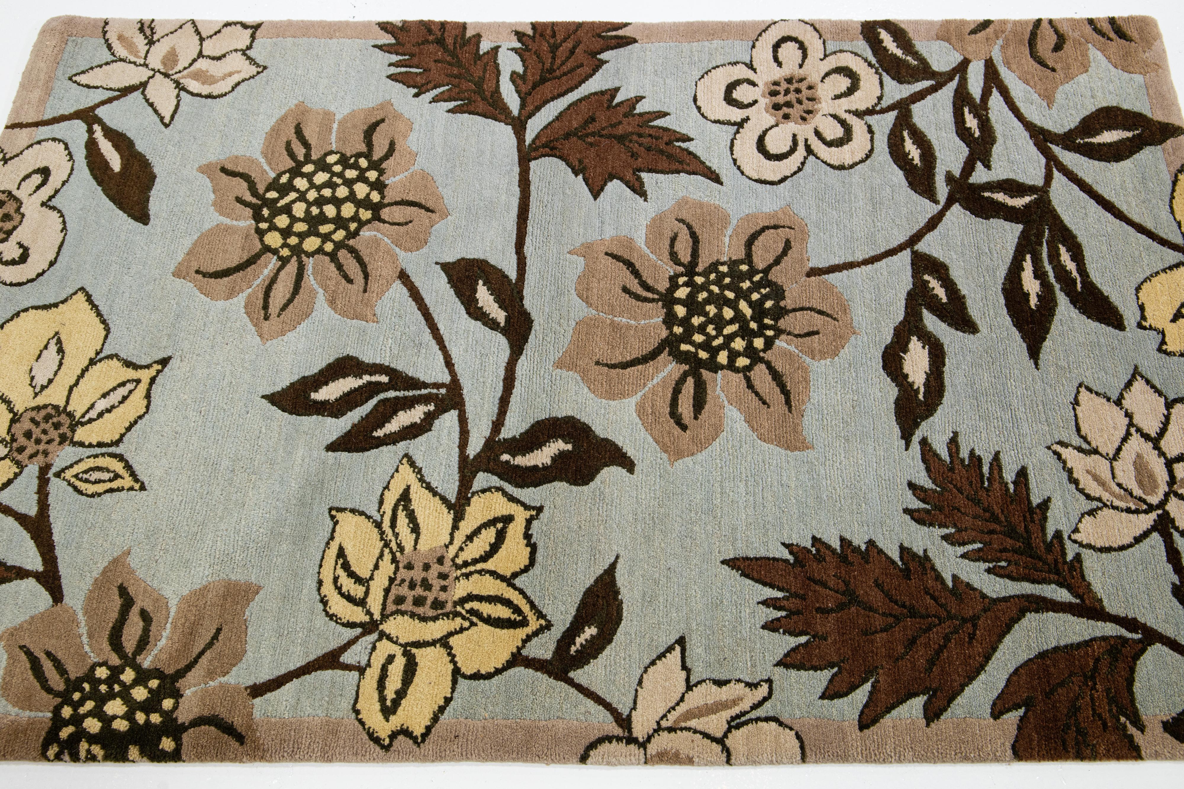 Organic Modern Blue Transitional Wool Rug With Allover Floral Design For Sale