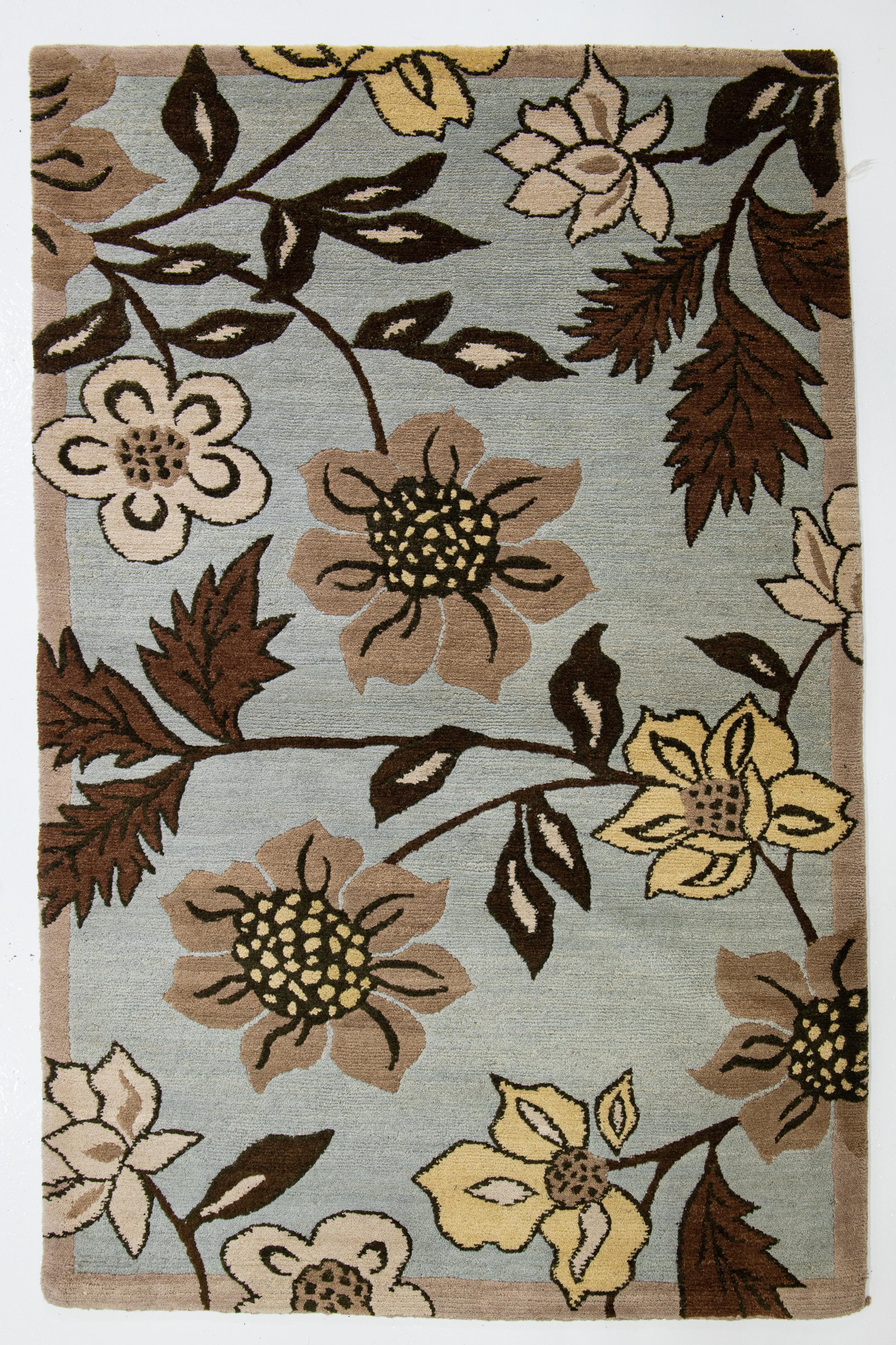 Hand-Knotted Blue Transitional Wool Rug With Allover Floral Design For Sale