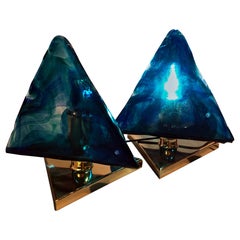 Blue Triangular Murano Glass Table, Nightstand Lights by La Murina, Italy, 1980s