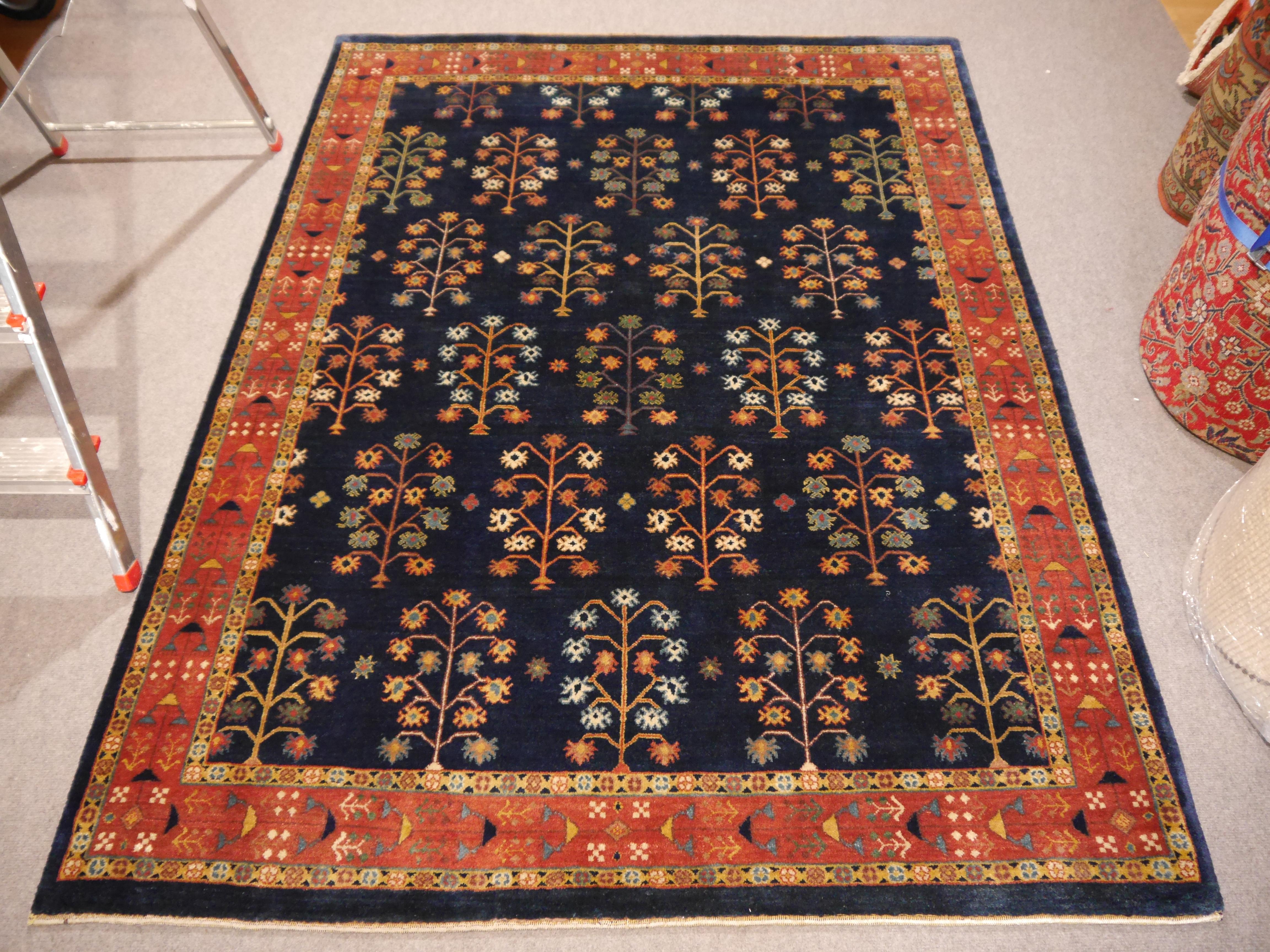 Wool Blue tribal design trees of life Loribaft Rug hand knotted For Sale