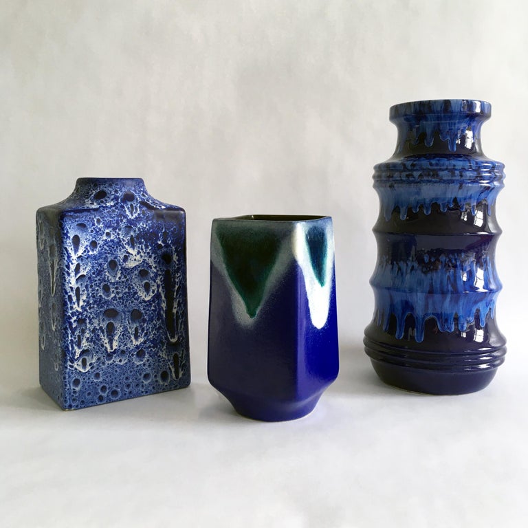 Mid-Century Modern Trio of Blue Vases by Scheurich, ES Keramik, Strehla in Splatter and Lava Glazes For Sale