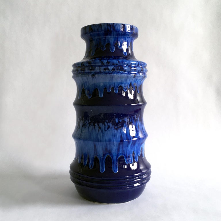 European Trio of Blue Vases by Scheurich, ES Keramik, Strehla in Splatter and Lava Glazes For Sale