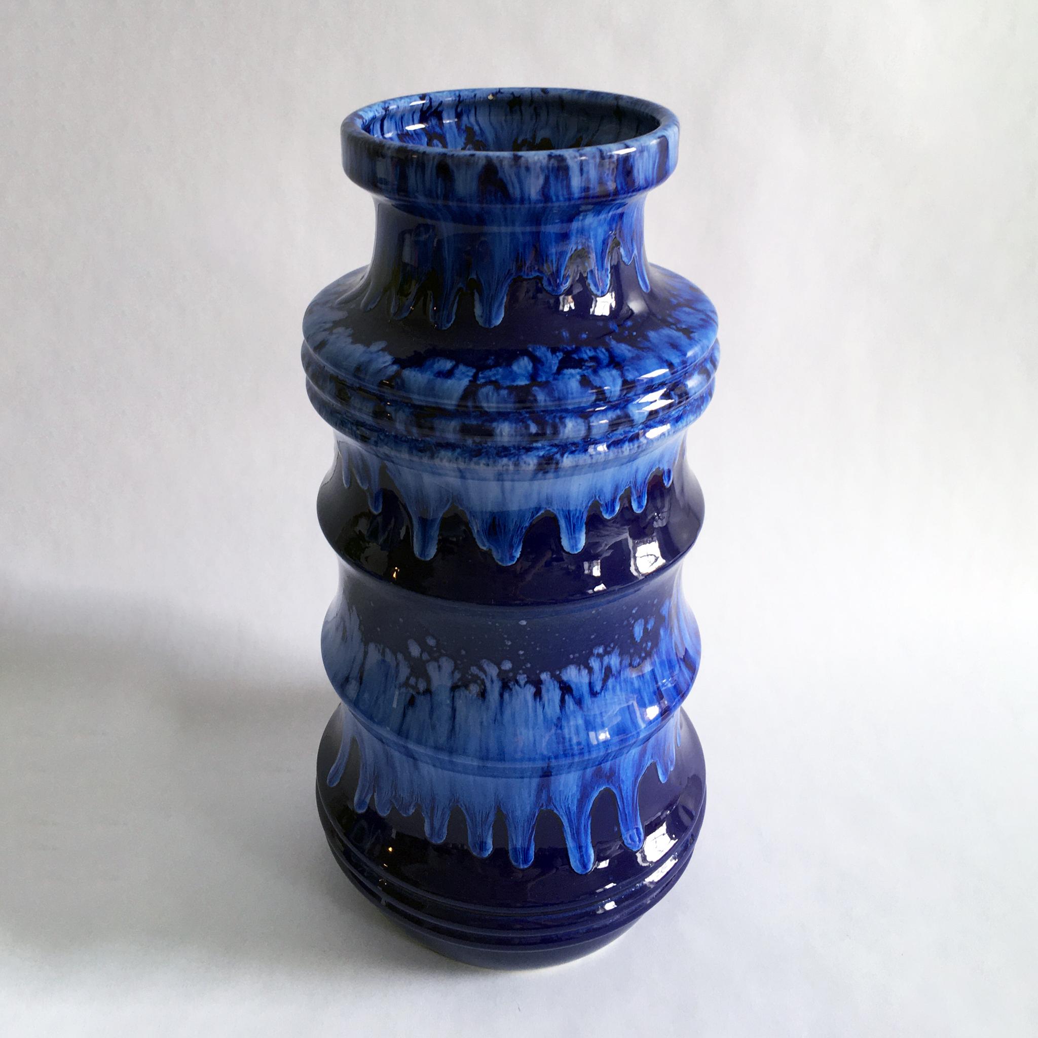 Glazed Trio of Blue Vases by Scheurich, ES Keramik, Strehla in Splatter and Lava Glazes