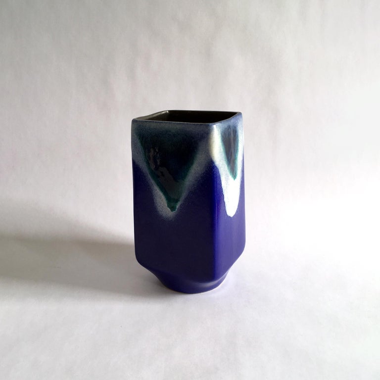 20th Century Trio of Blue Vases by Scheurich, ES Keramik, Strehla in Splatter and Lava Glazes For Sale