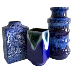 Trio of Blue Vases by Scheurich, ES Keramik, Strehla in Splatter and Lava Glazes