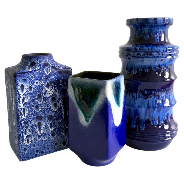 Trio of Blue Vases by Scheurich, ES Keramik, Strehla in Splatter and Lava Glazes For Sale