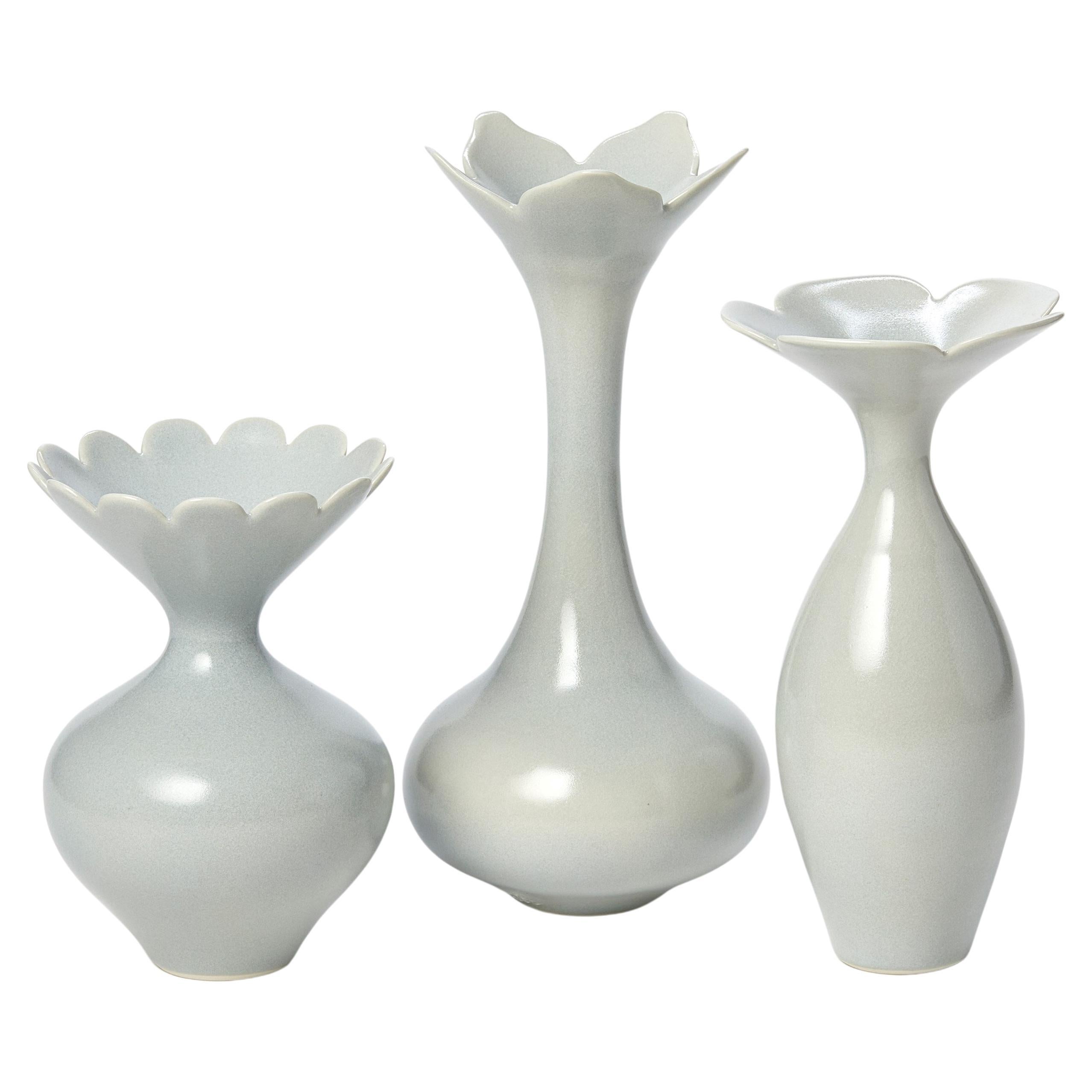 Blue Trio, soft celadon group of hand thrown porcelain vessels by Vivienne Foley For Sale