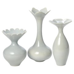 Blue Trio, soft celadon group of hand thrown porcelain vessels by Vivienne Foley