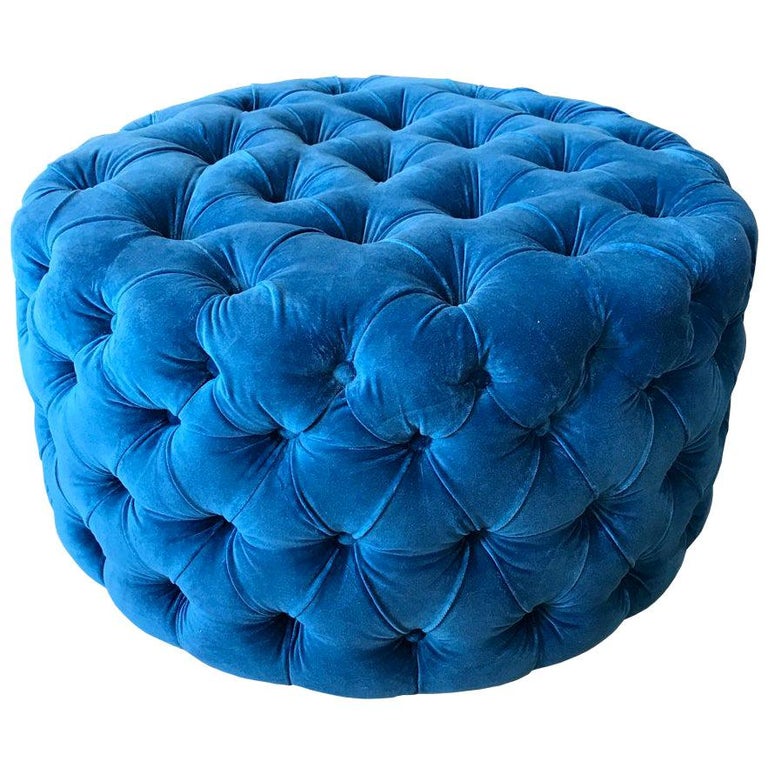 Tufted Velvet Round Ottoman, Custom For Sale at 1stDibs