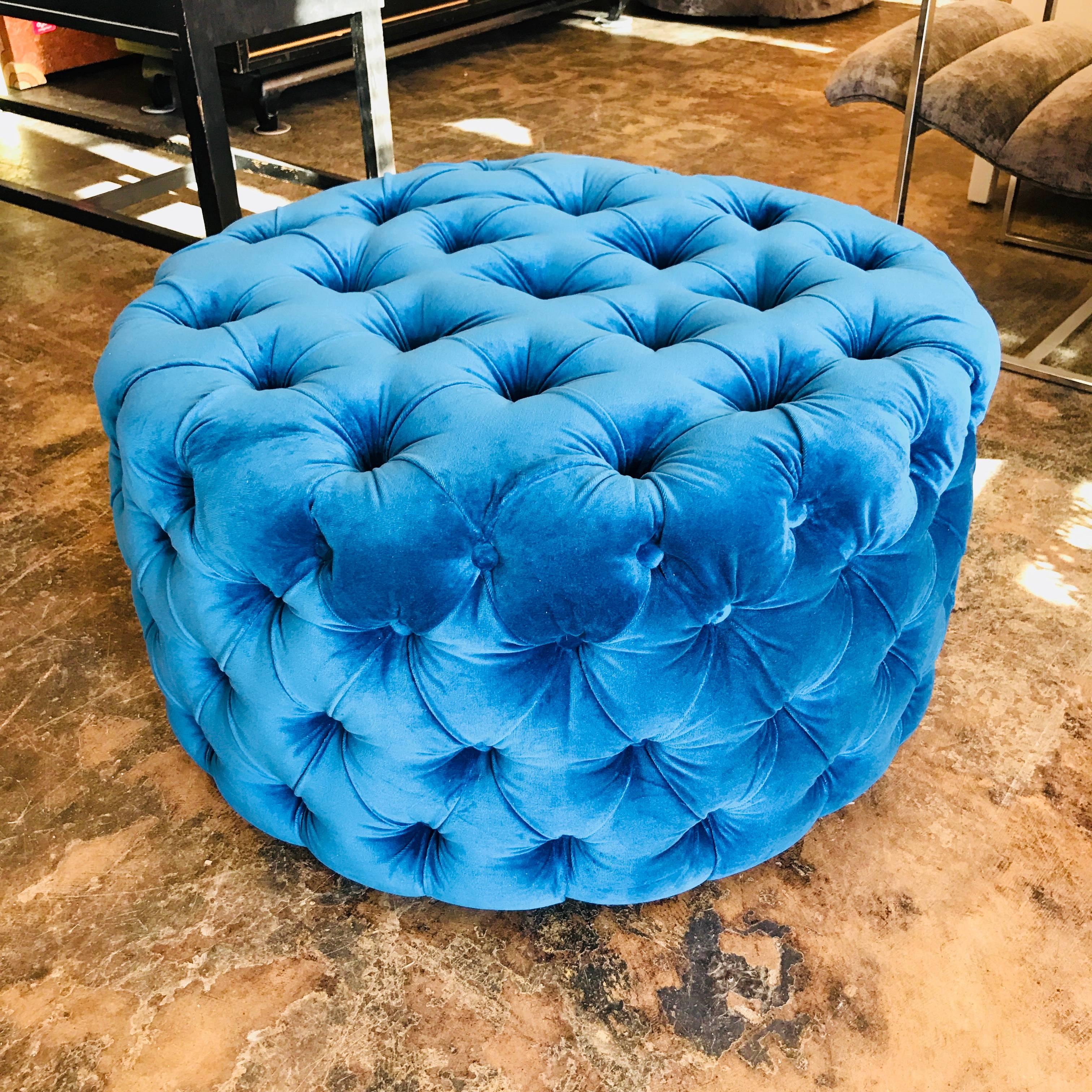 Custom blue tufted velvet round ottoman. This ottoman can be made to any size with COM.
Four yards minimum for 32