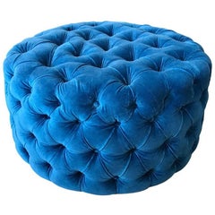 Blue Tufted Velvet Round Ottoman, Custom